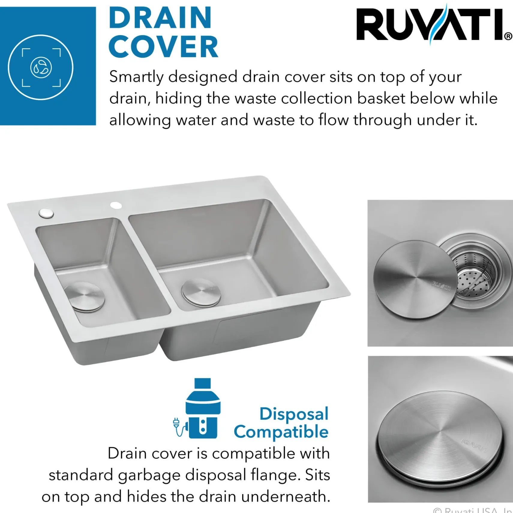 Ruvati Modena 33" Drop-in Topmount Stainless Steel Kitchen Sink, 30/70 Double Bowl, 16 Gauge, RVM5176