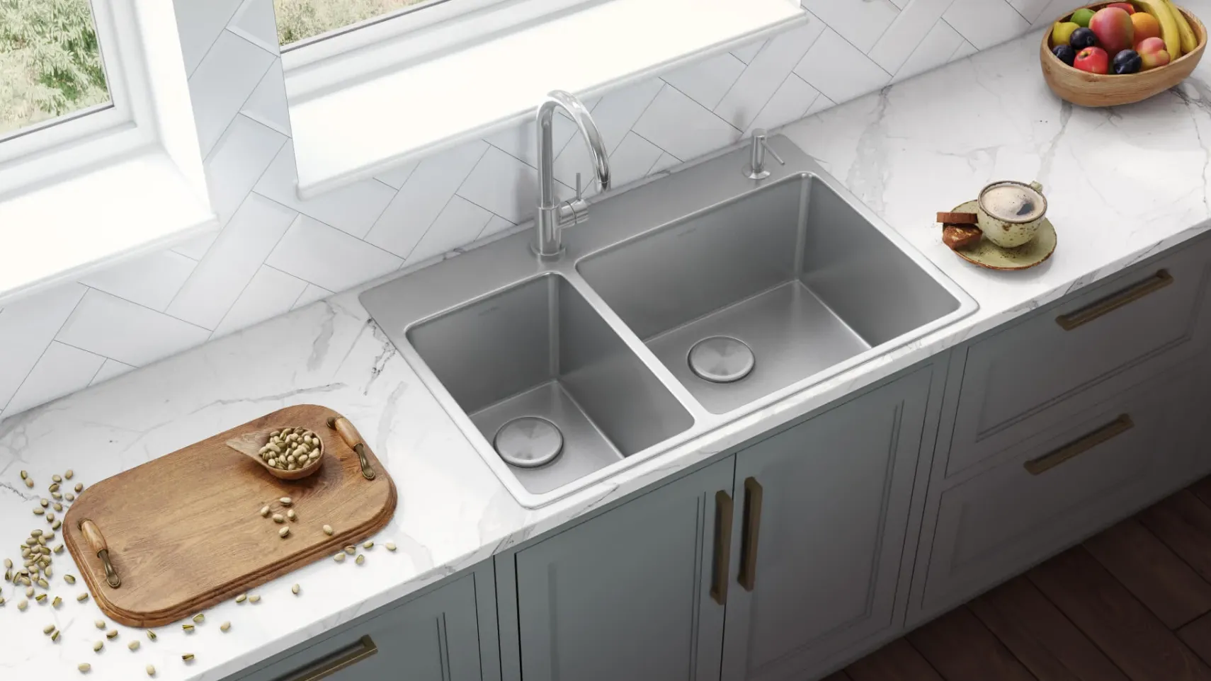 Ruvati Modena 33" Drop-in Topmount Stainless Steel Kitchen Sink, 30/70 Double Bowl, 16 Gauge, RVM5176