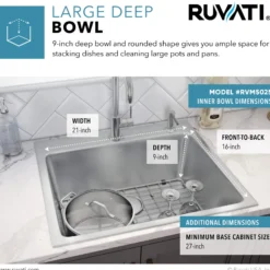 Ruvati Modena 25" Drop-in Topmount Stainless Steel Kitchen Sink, 16 Gauge, RVM5025