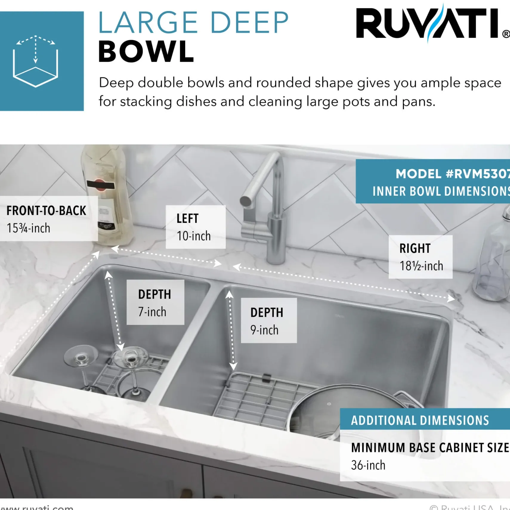 Ruvati Modena 32" Undermount Stainless Steel Kitchen Sink, 30/70 Double Bowl, 16 Gauge, RVM5307