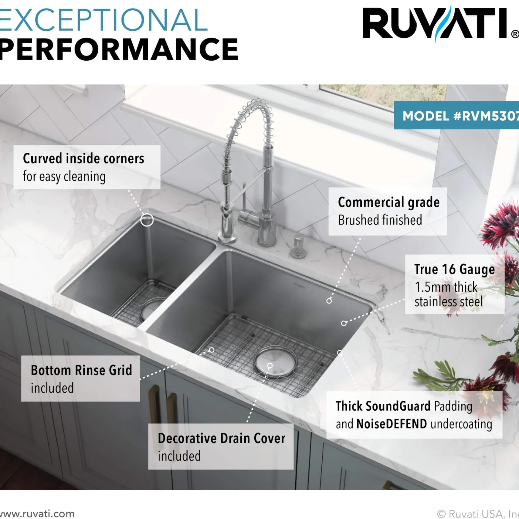 Ruvati Modena 32" Undermount Stainless Steel Kitchen Sink, 30/70 Double Bowl, 16 Gauge, RVM5307