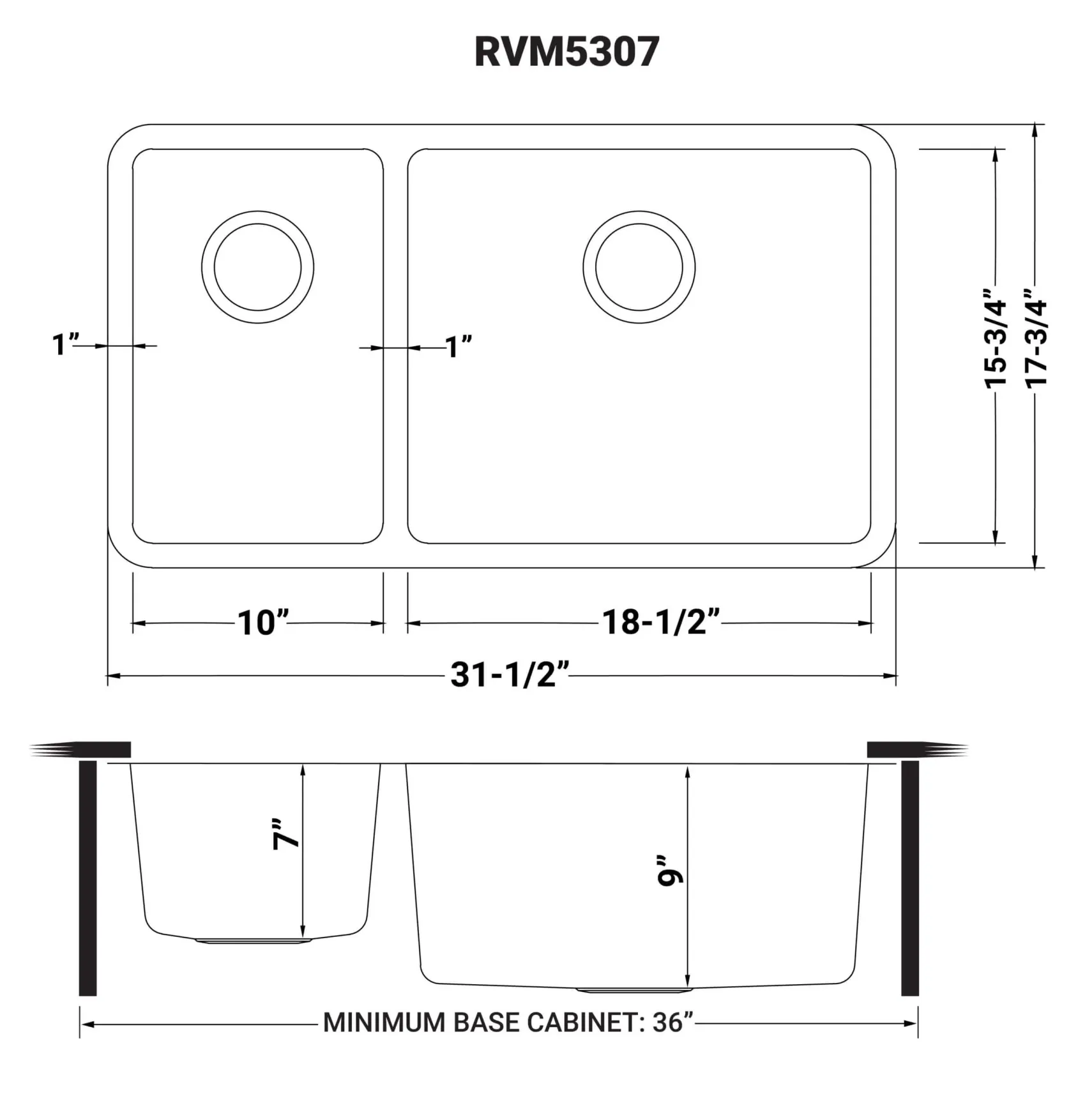 Ruvati Modena 32" Undermount Stainless Steel Kitchen Sink, 30/70 Double Bowl, 16 Gauge, RVM5307