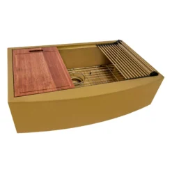 Ruvati Monaco 33" Stainless Steel Workstation Apron-front Farmhouse Sink, Matte Gold Brass Tone, 16 Gauge, RVH9207GG