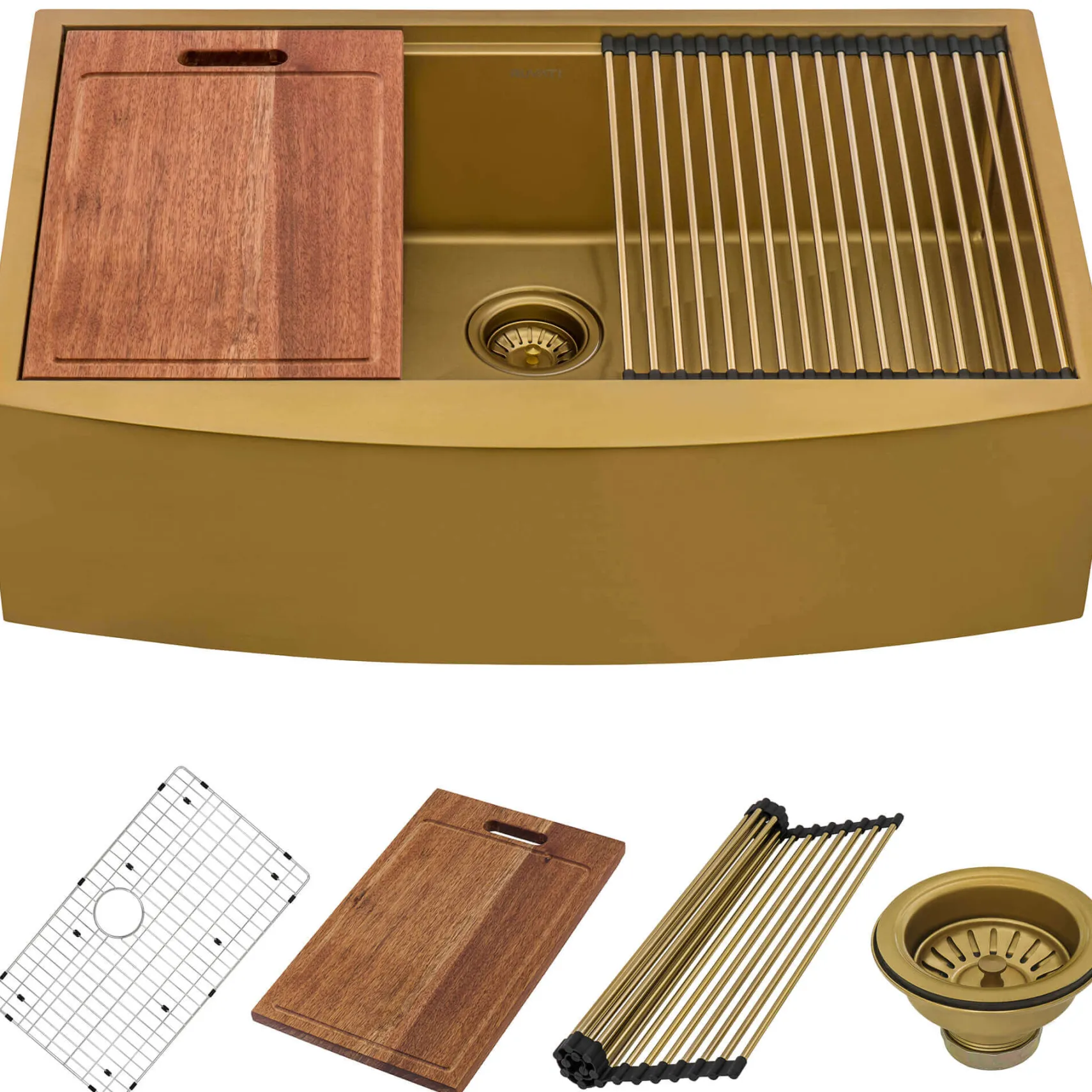 Ruvati Monaco 36" Stainless Steel Workstation Apron-front Farmhouse Sink, Matte Gold Brass Tone, 16 Gauge, RVH9308GG