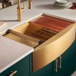 Ruvati Monaco 30" Stainless Steel Workstation Apron-front Farmhouse Sink, Matte Gold Brass Tone, 16 Gauge, RVH9106GG