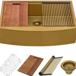 Ruvati Monaco 30" Stainless Steel Workstation Apron-front Farmhouse Sink, Matte Gold Brass Tone, 16 Gauge, RVH9106GG