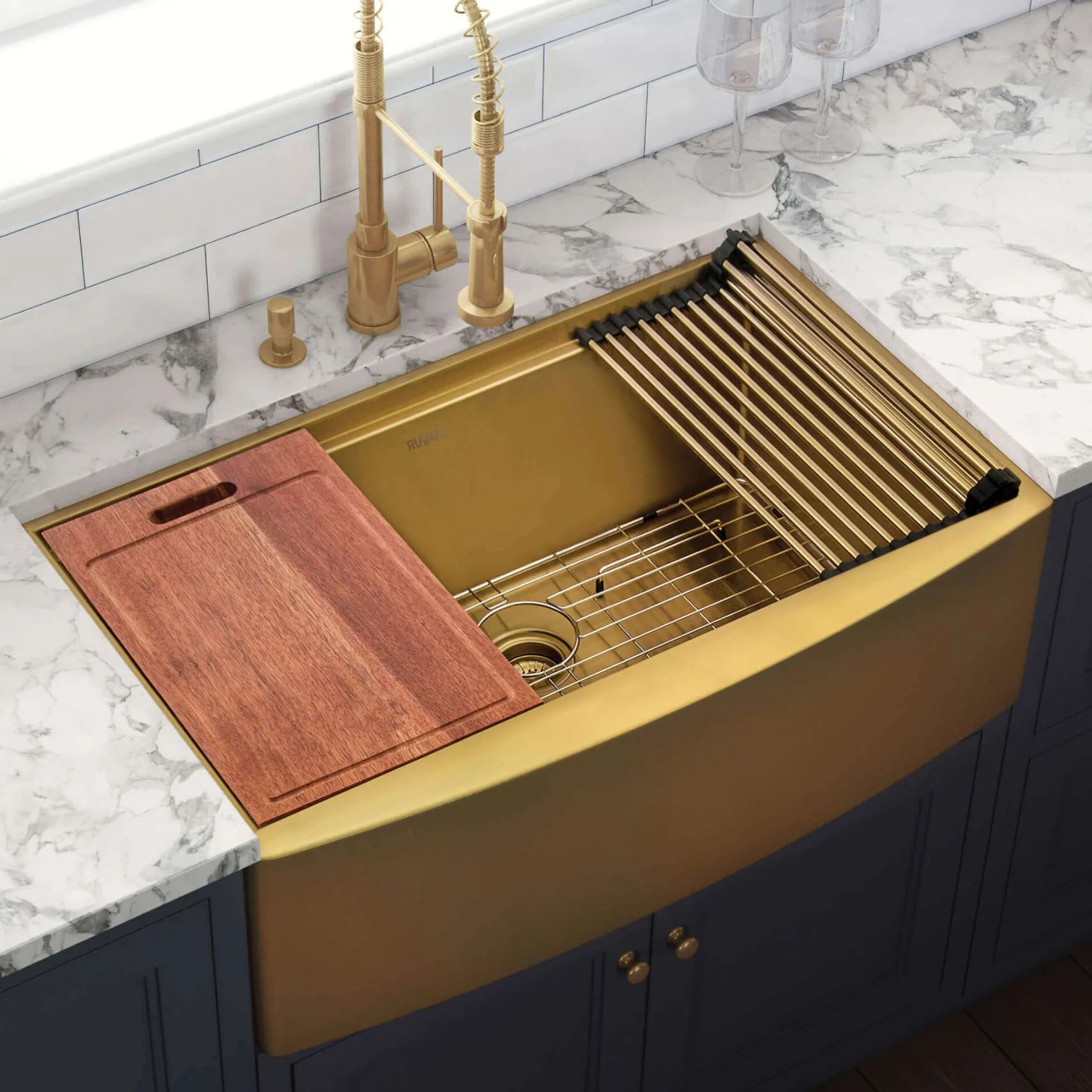 Ruvati Monaco 30" Stainless Steel Workstation Apron-front Farmhouse Sink, Matte Gold Brass Tone, 16 Gauge, RVH9106GG
