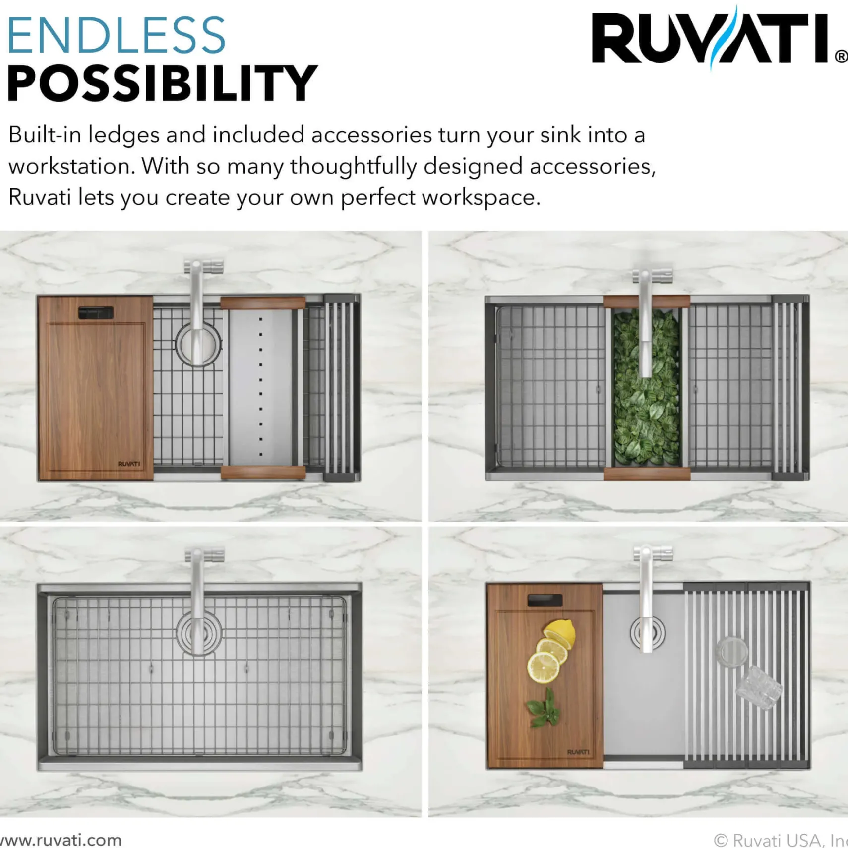 Ruvati Roma Pro 30" Undermount Stainless Steel Workstation Kitchen Sink, 16 Gauge, Rounded Corners, RVH8320