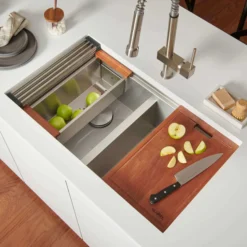 Ruvati Roma Pro 33" Undermount Stainless Steel Workstation Kitchen Sink, 50/50 Double Bowl, 16 Gauge, Rounded Corners, RVH8351
