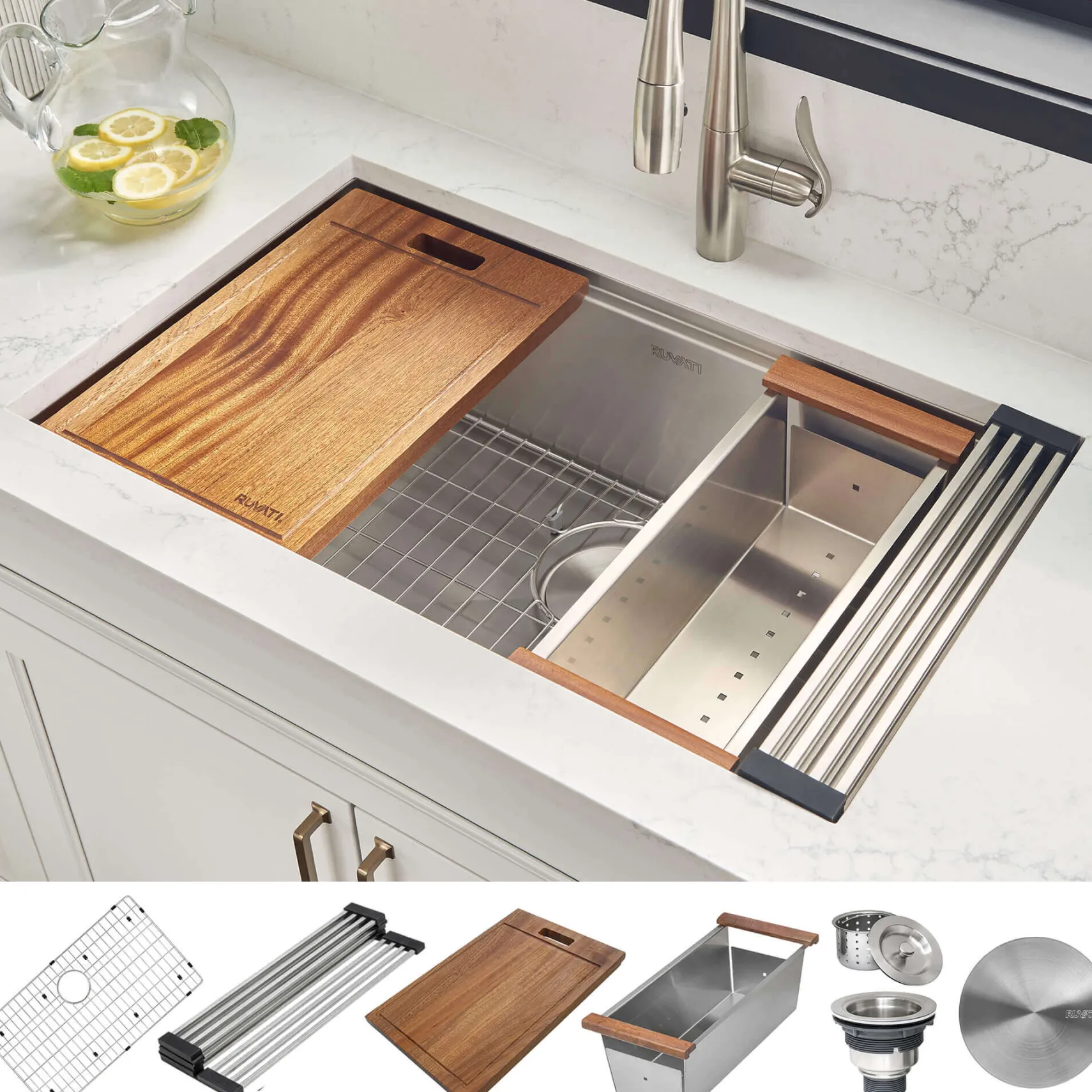 Ruvati Roma 28" Undermount Stainless Steel Workstation Kitchen Sink, 16 Gauge, RVH8309