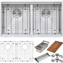 Ruvati Roma 33" Undermount Stainless Steel Workstation Kitchen Sink, 50/50 Double Bowl, 16 Gauge, RVH8350