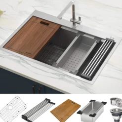 Ruvati Siena 30" Stainless Steel Workstation Kitchen Sink, 16 Gauge, Rounded Corners, RVH8030