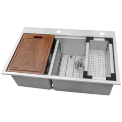 Ruvati Siena 33" Stainless Steel Workstation Kitchen Sink, 40/60 Double Bowl, 16 Gauge, Rounded Corners, RVH8036