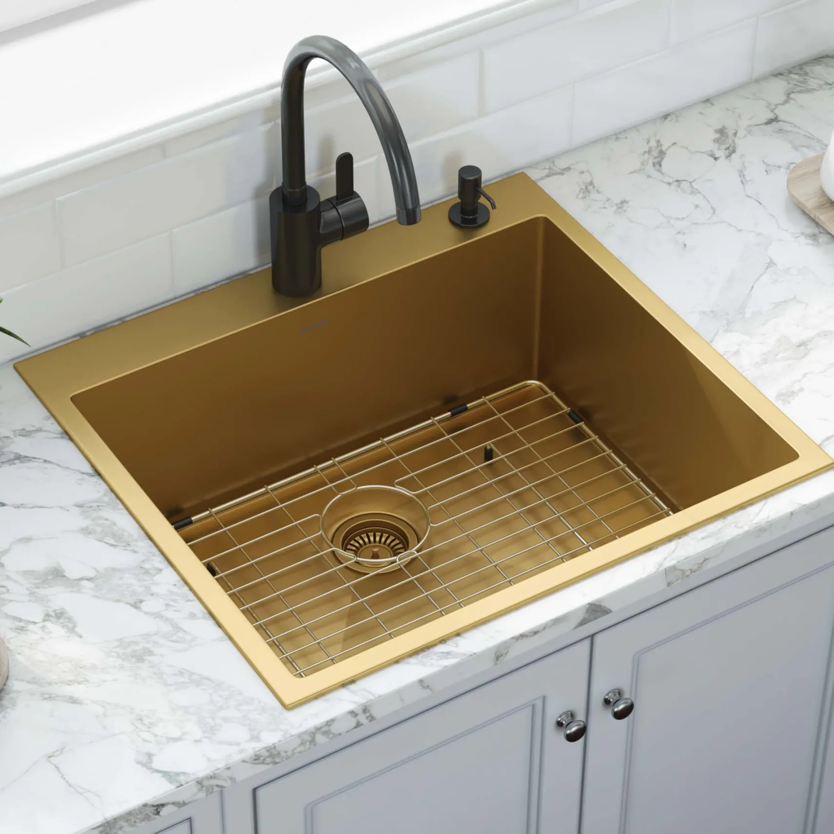 Ruvati Terraza 25" Drop-in Topmount Stainless Steel Kitchen Sink, Matte Gold Brass Tone, 16 Gauge, RVH5007GG