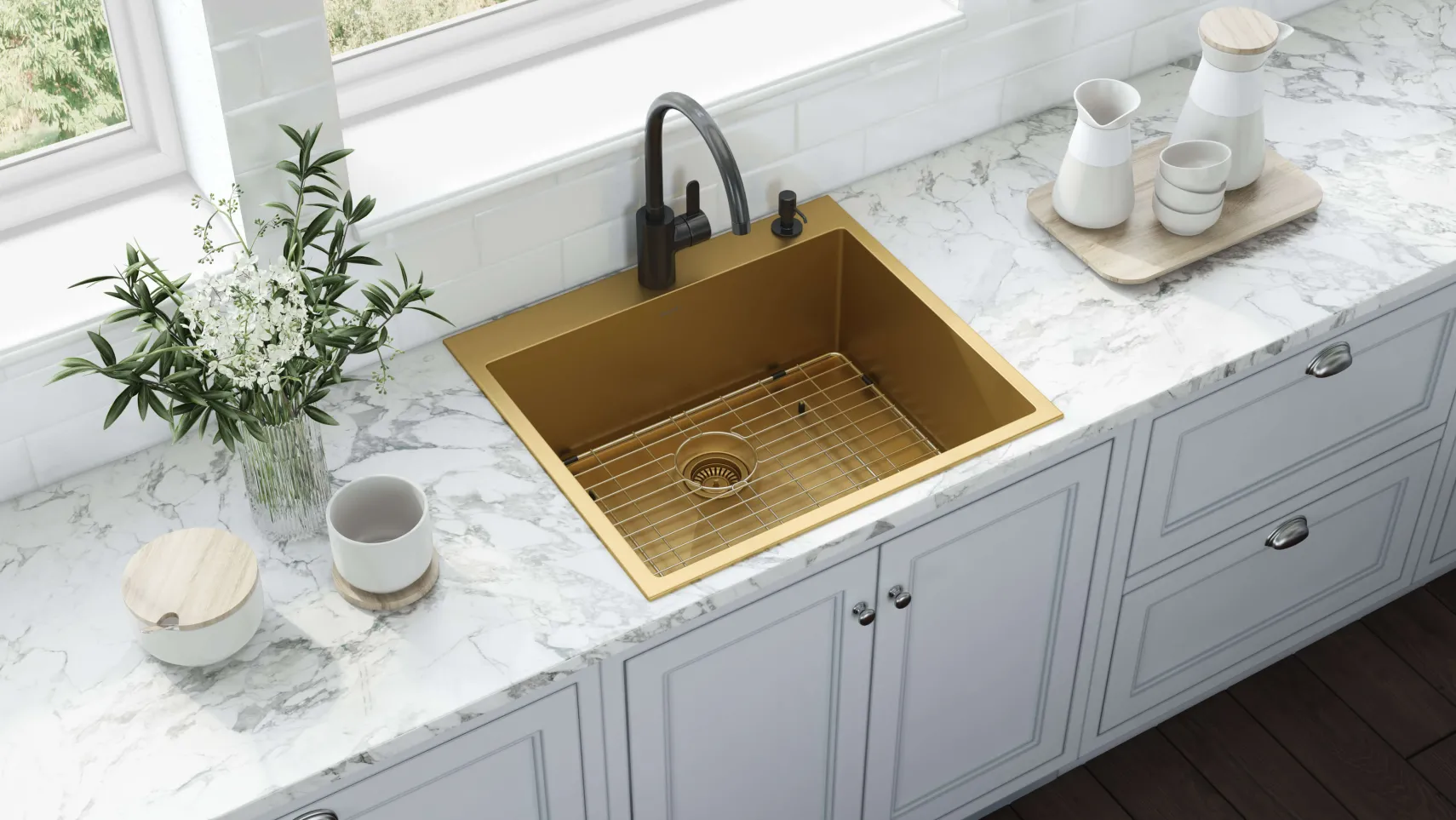 Ruvati Terraza 25" Drop-in Topmount Stainless Steel Kitchen Sink, Matte Gold Brass Tone, 16 Gauge, RVH5007GG