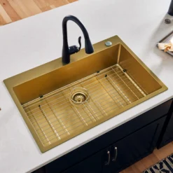 Ruvati Terraza 33" Drop-in Topmount Stainless Steel Kitchen Sink, Brass Tone Matte Gold, 16 Gauge, RVH5005GG