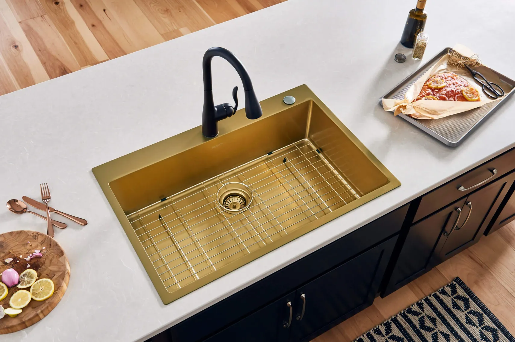 Ruvati Terraza 33" Drop-in Topmount Stainless Steel Kitchen Sink, Brass Tone Matte Gold, 16 Gauge, RVH5005GG