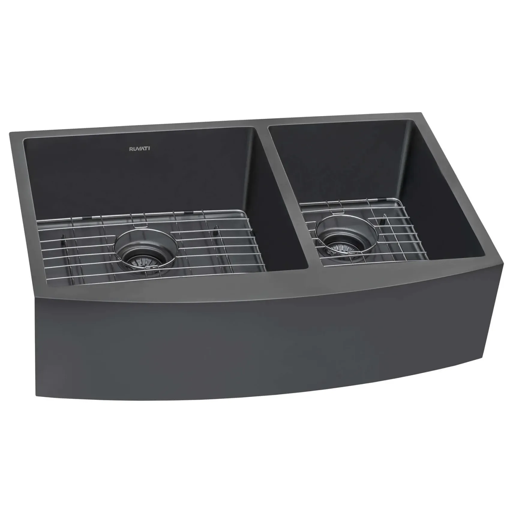 Ruvati Terraza 33" Stainless Steel Apron-front Farmhouse Sink, 60/40 Double Bowl, Gunmetal Matte Black, 16 Gauge, RVH9742BL