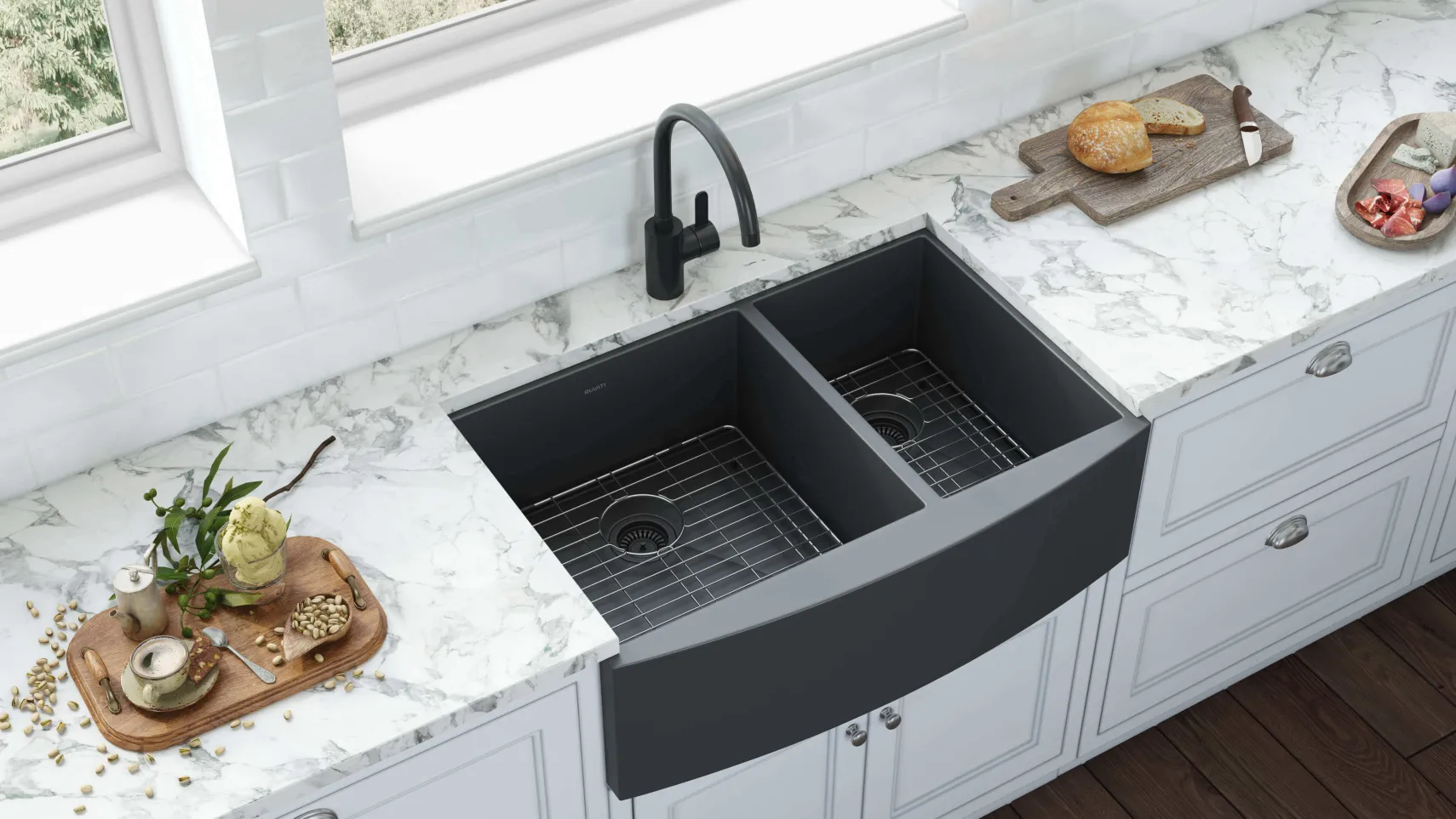 Ruvati Terraza 33" Stainless Steel Apron-front Farmhouse Sink, 60/40 Double Bowl, Gunmetal Matte Black, 16 Gauge, RVH9742BL