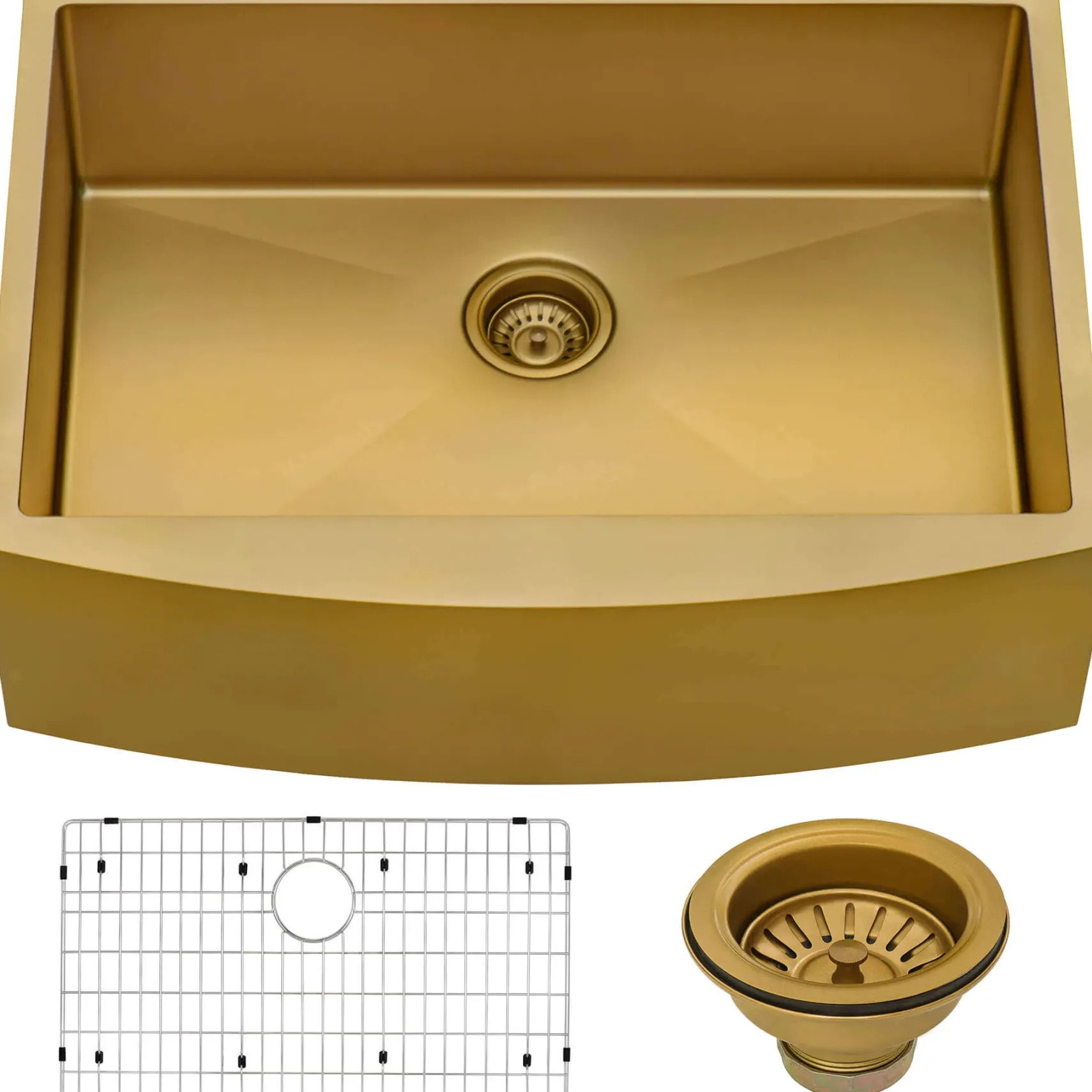 Ruvati Terraza 33" Stainless Steel Apron-front Farmhouse Sink, Brass Tone Matte Gold, 16 Gauge, RVH9733GG