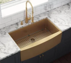 Ruvati Terraza 36" Stainless Steel Apron-front Farmhouse Sink, Brass Tone Matte Gold, 16 Gauge, RVH9880GG