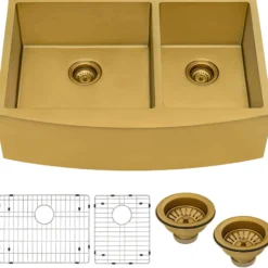 Ruvati Terraza 33" Stainless Steel Apron-front Farmhouse Sink, 60/40 Double Bowl, Brass Tone Matte Gold, 16 Gauge, RVH9742GG