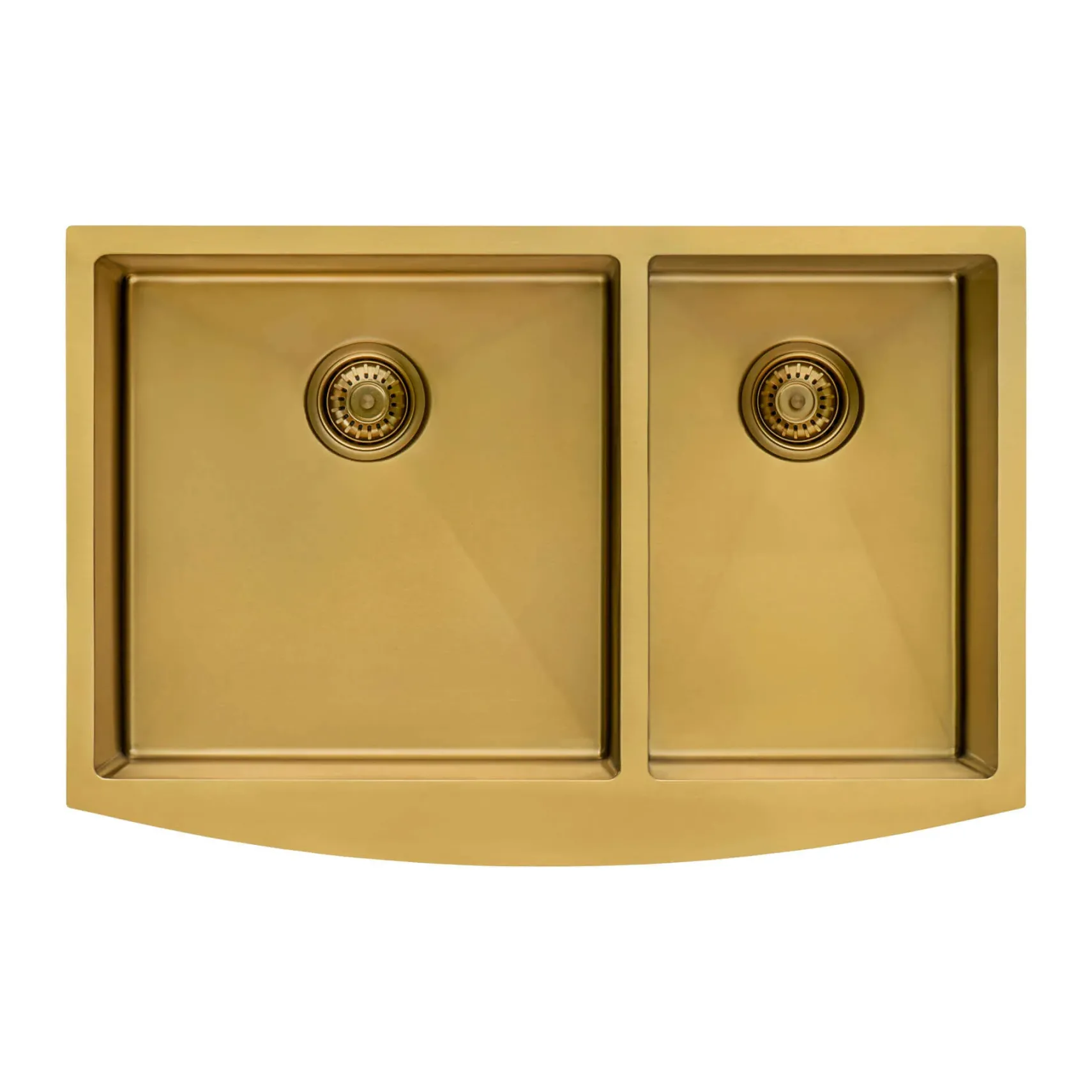 Ruvati Terraza 33" Stainless Steel Apron-front Farmhouse Sink, 60/40 Double Bowl, Brass Tone Matte Gold, 16 Gauge, RVH9742GG