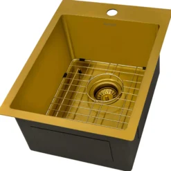 Ruvati Terraza 15 x 20 inch Polished Brass Matte Gold Stainless Steel Drop-in Topmount Bar Prep Sink Single Bowl, 16, Matte Gold Satin Brass, RVH8110GG