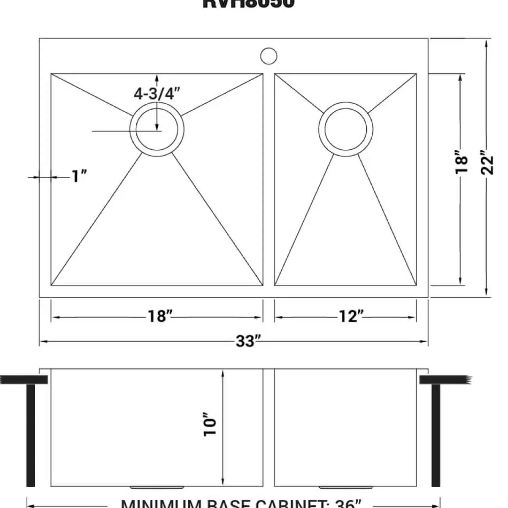 Ruvati Tirana 33" Drop In Stainless Steel Kitchen Sink, 60/40 Double Bowl, 16 Gauge, Zero Radius, RVH8050