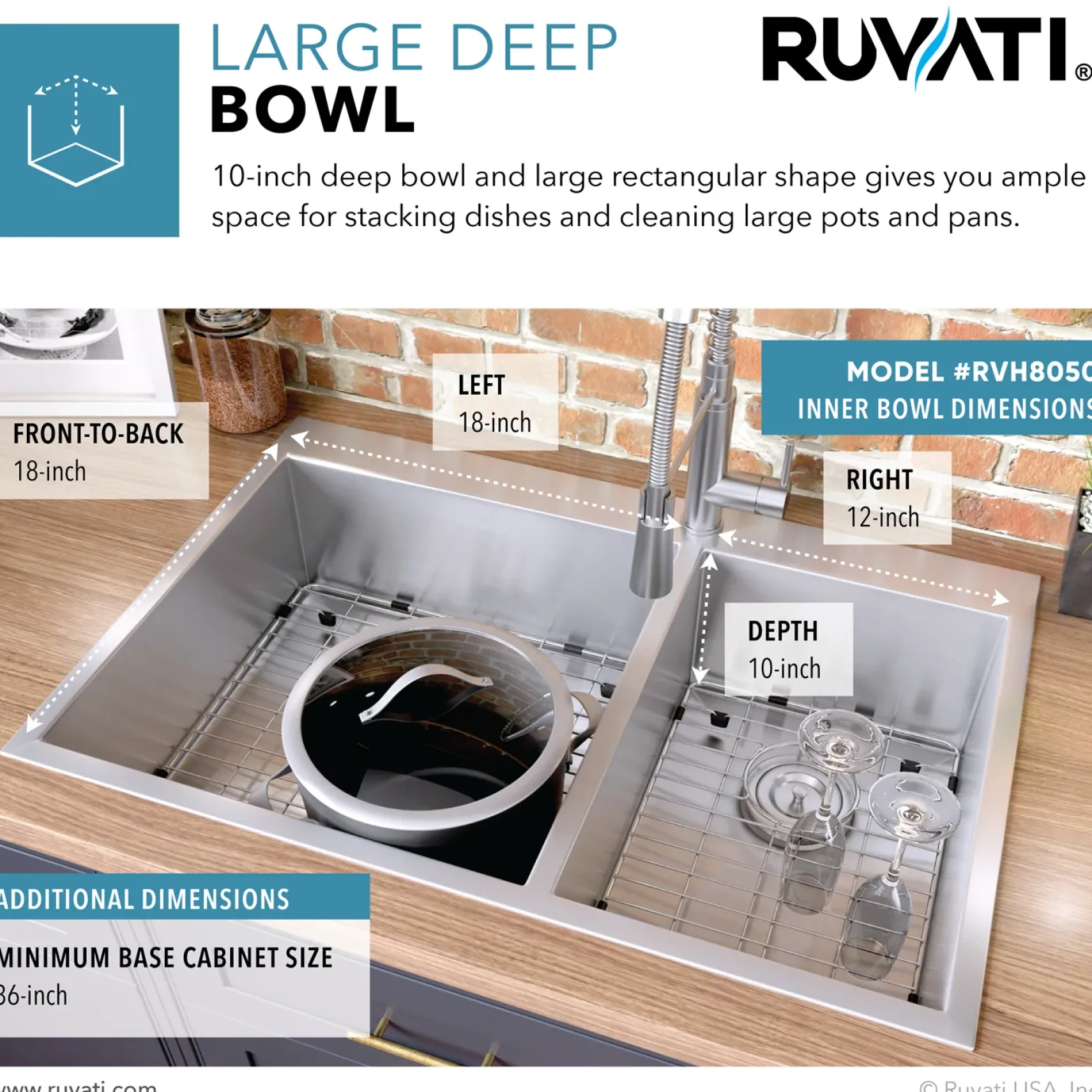 Ruvati Tirana 33" Drop In Stainless Steel Kitchen Sink, 60/40 Double Bowl, 16 Gauge, Zero Radius, RVH8050