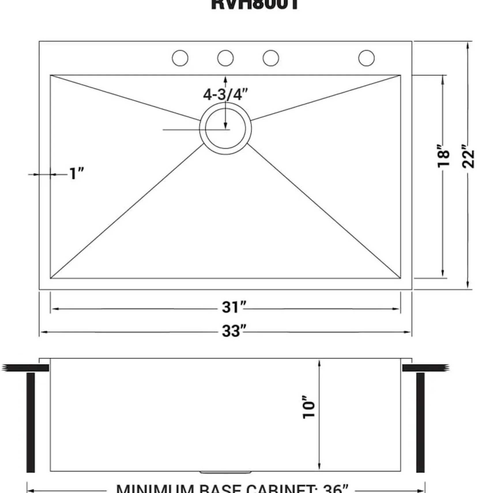 Ruvati Tirana 33" Drop-in Topmount Stainless Steel Kitchen Sink, 16 Gauge, Zero Radius, RVH8001