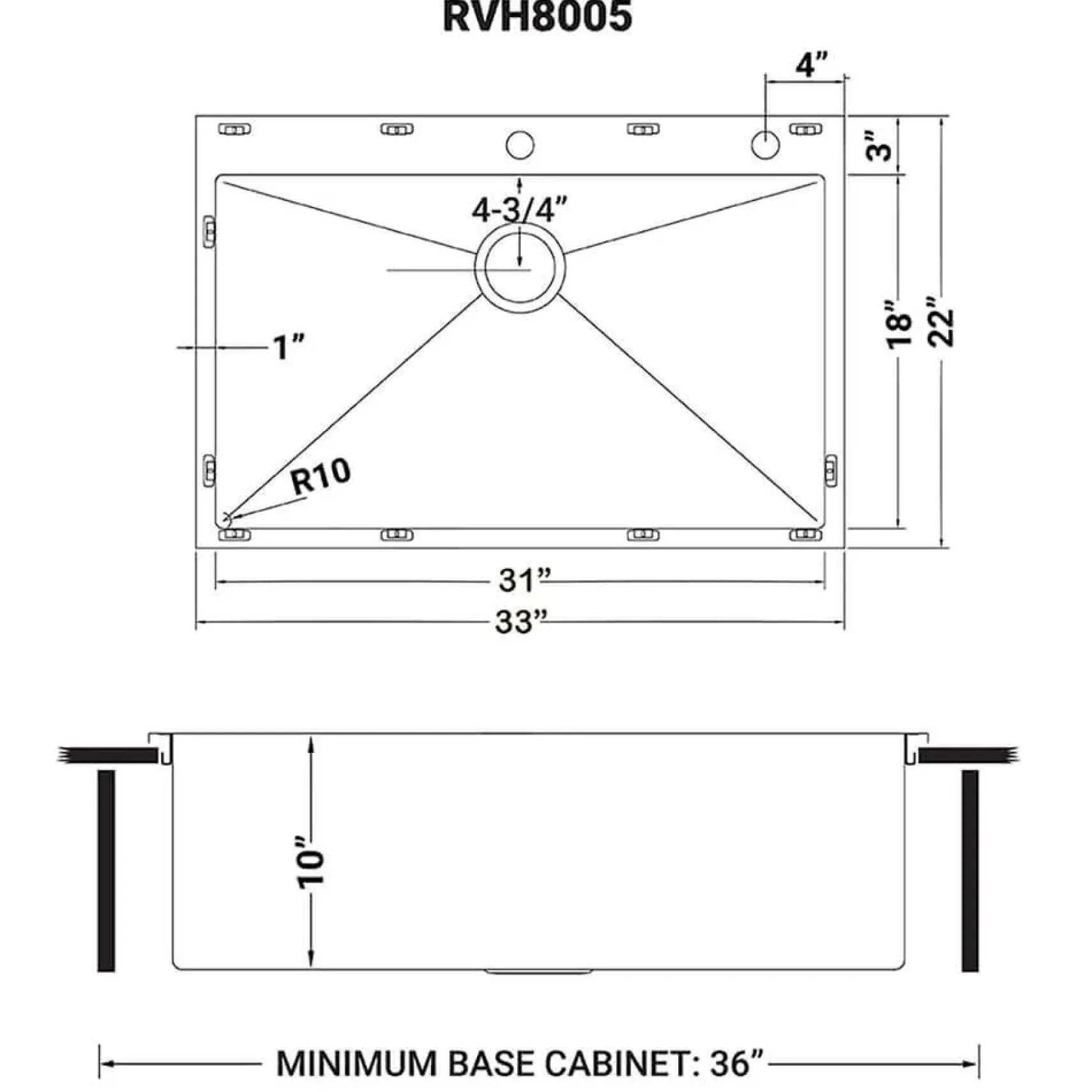 Ruvati Tirana Pro 33" Stainless Steel Kitchen Sink, 16 Gauge, Rounded Corners, RVH8005
