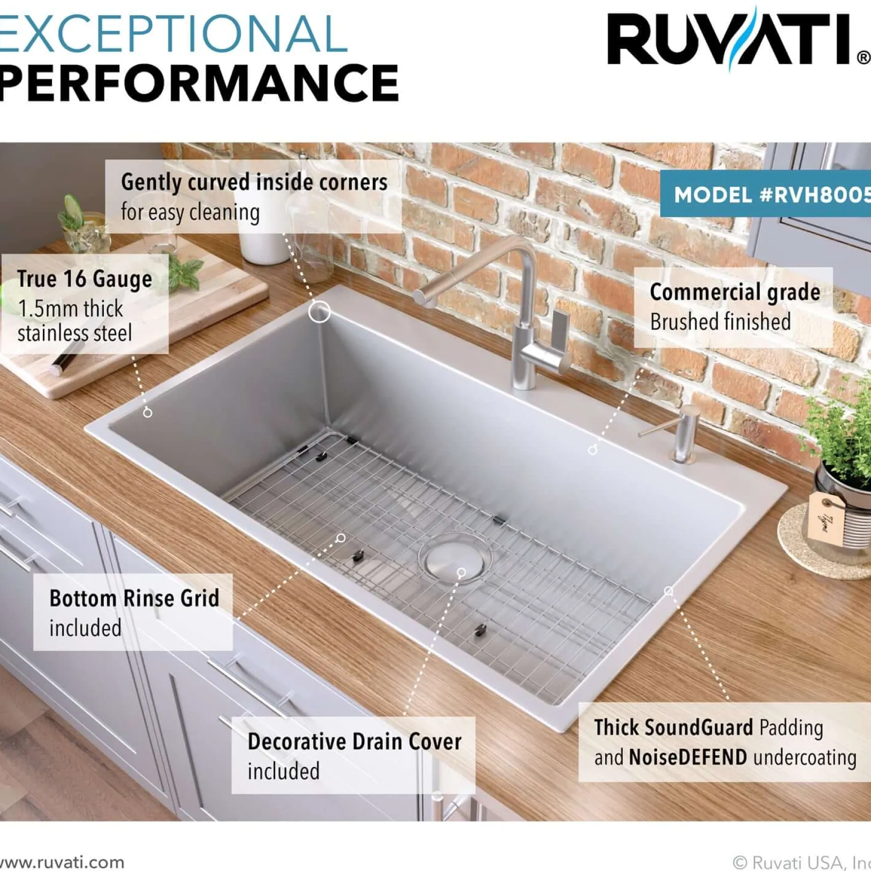 Ruvati Tirana Pro 33" Stainless Steel Kitchen Sink, 16 Gauge, Rounded Corners, RVH8005