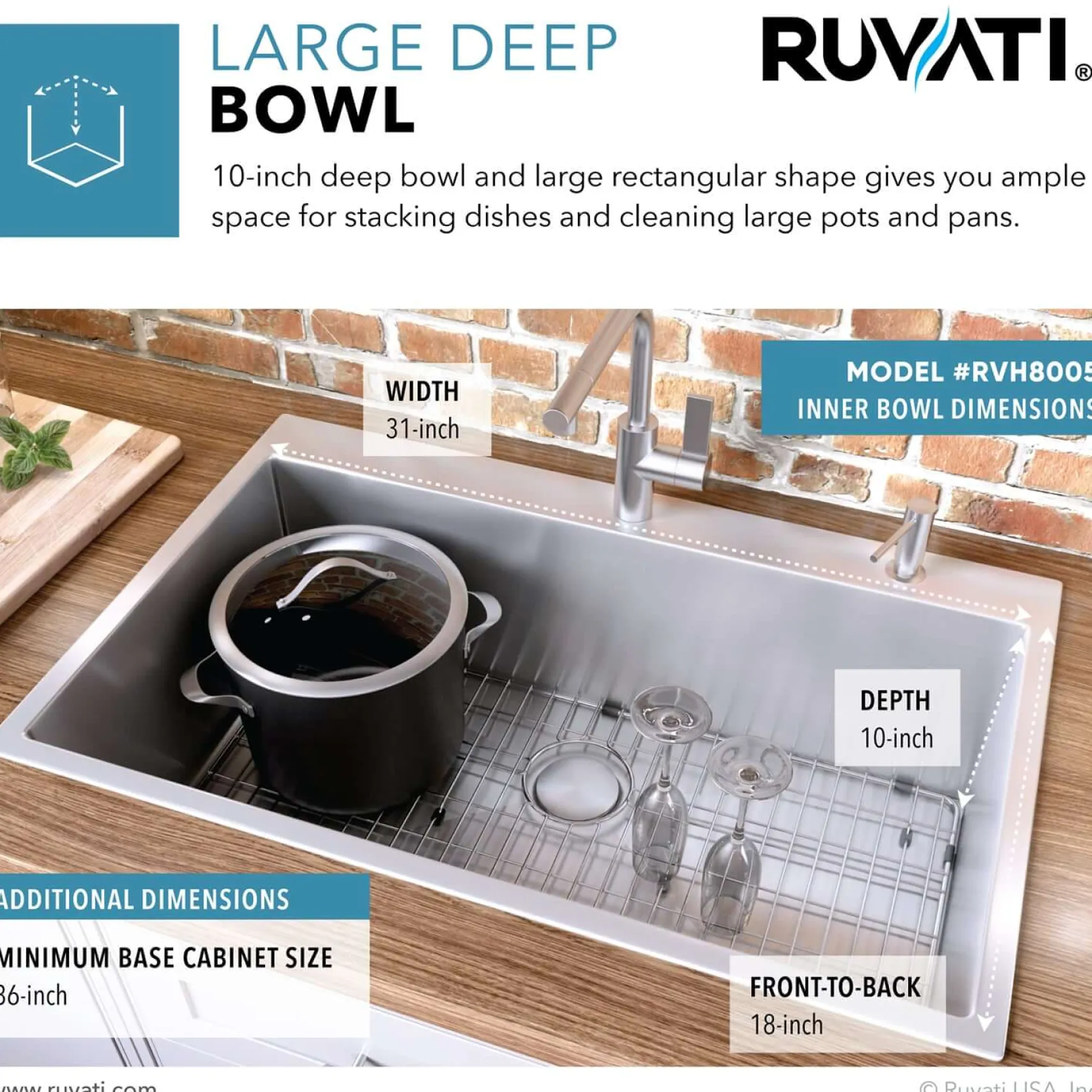 Ruvati Tirana Pro 33" Stainless Steel Kitchen Sink, 16 Gauge, Rounded Corners, RVH8005