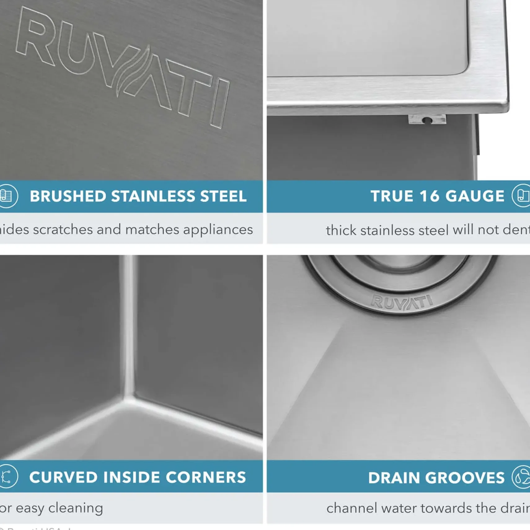 Ruvati Tirana Pro 33" Stainless Steel Kitchen Sink, 16 Gauge, Rounded Corners, RVH8005