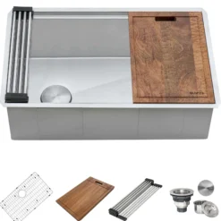 Ruvati Veniso 27" Slope Bottom Offset Drain Undermount Stainless Steel Workstation Kitchen Sink, 16 Gauge, RVH8570