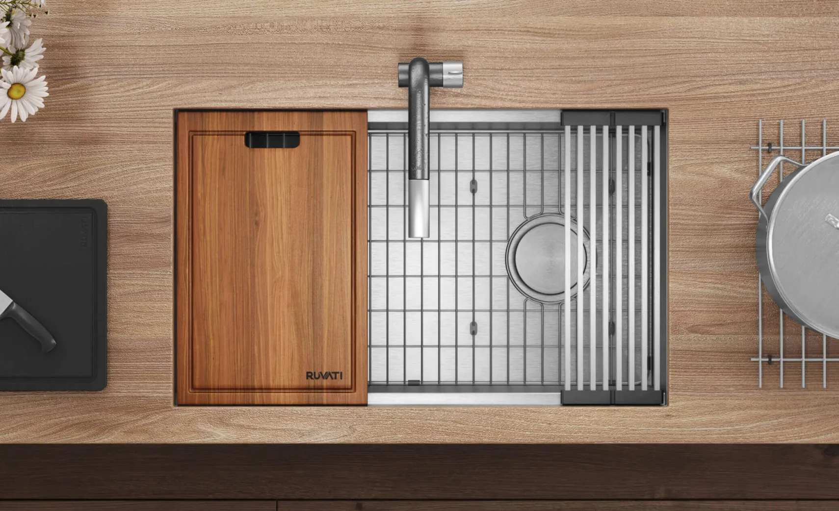 Ruvati Veniso 36" Slope Bottom Offset Drain Undermount Stainless Steel Workstation Kitchen Sink, 16 Gauge, RVH8596