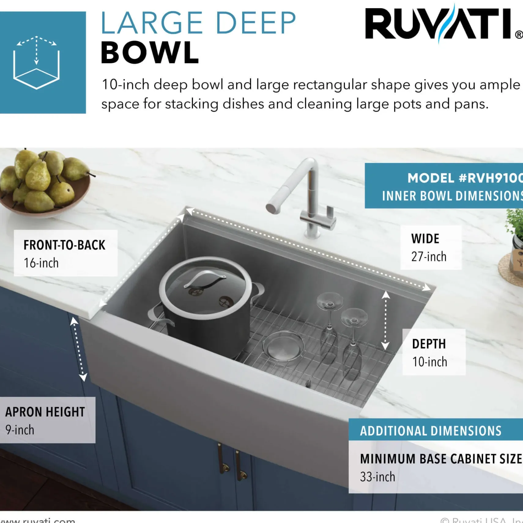 Ruvati Verona 30" Stainless Steel Workstation Apron-front Farmhouse Sink, 16 Gauge, RVH9100