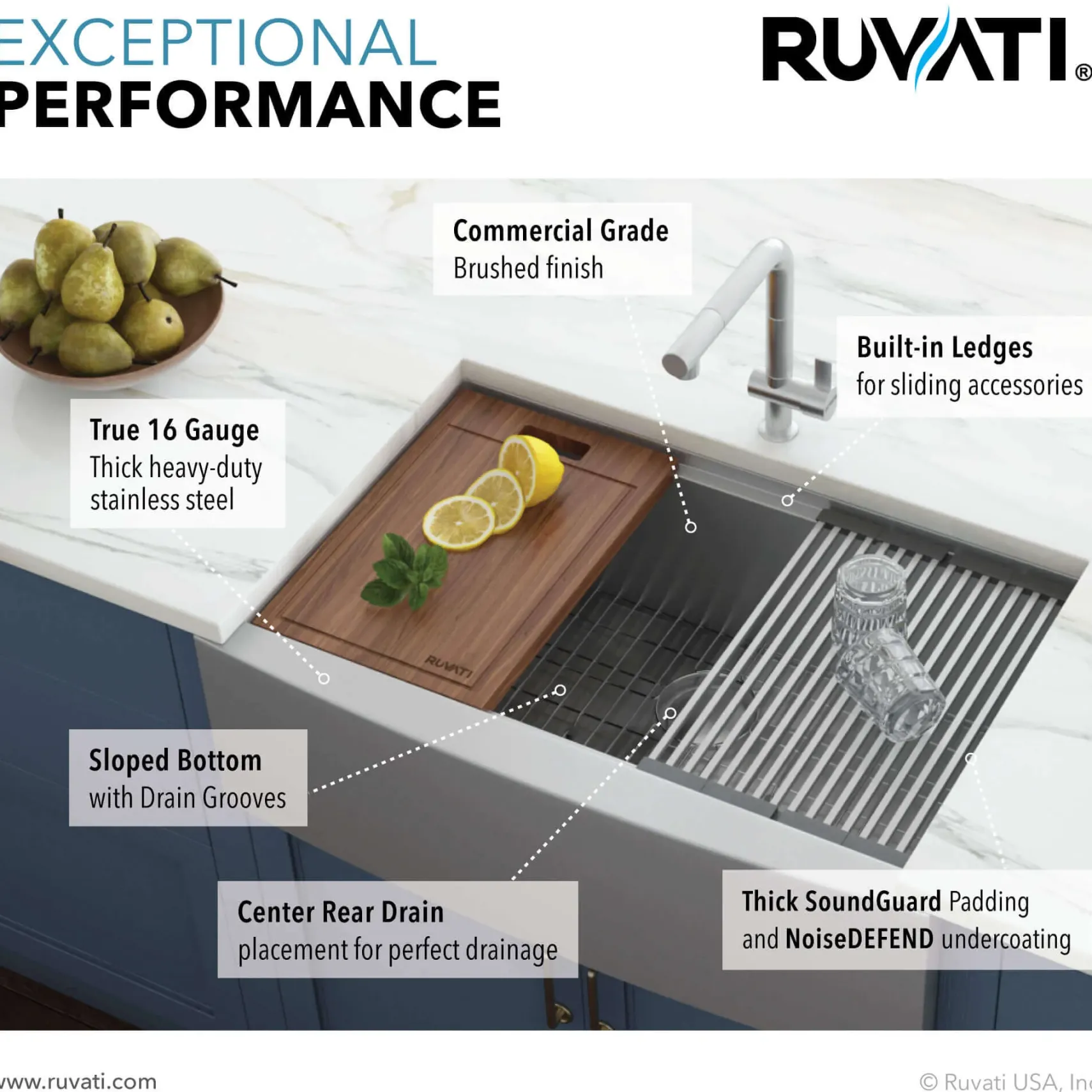 Ruvati Verona 30" Stainless Steel Workstation Apron-front Farmhouse Sink, 16 Gauge, RVH9100