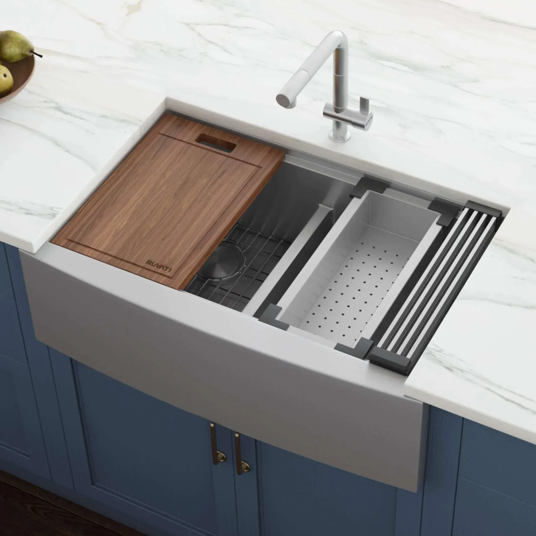 Ruvati Verona 33" Stainless Steel Workstation Apron-front Farmhouse Sink, 60/40 Low Divide Double Bowl, 16 Gauge, RVH9201
