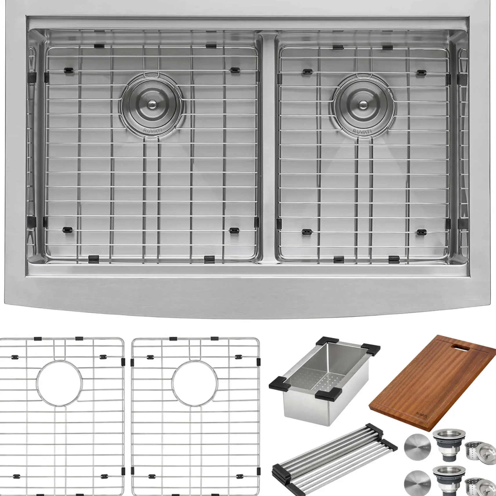 Ruvati Verona 33" Stainless Steel Workstation Apron-front Farmhouse Sink, 60/40 Low Divide Double Bowl, 16 Gauge, RVH9201