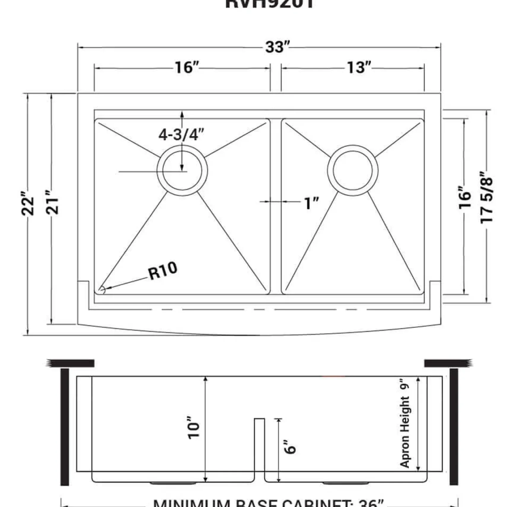 Ruvati Verona 33" Stainless Steel Workstation Apron-front Farmhouse Sink, 60/40 Low Divide Double Bowl, 16 Gauge, RVH9201