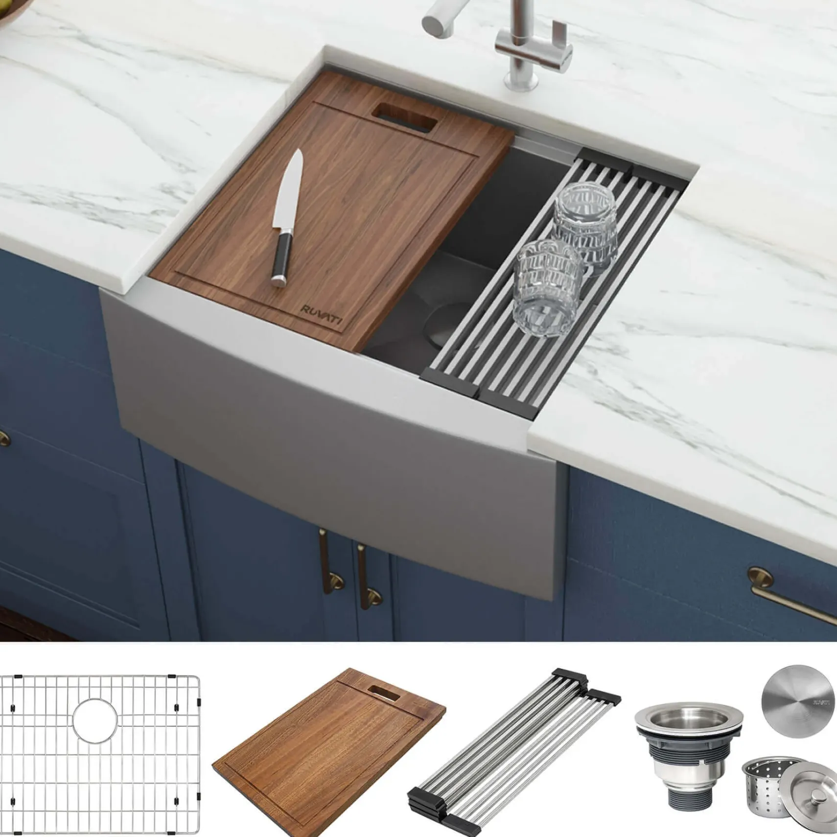 Ruvati Verona 24" Stainless Steel Workstation Apron-front Farmhouse Sink, 16 Gauge, RVH9020