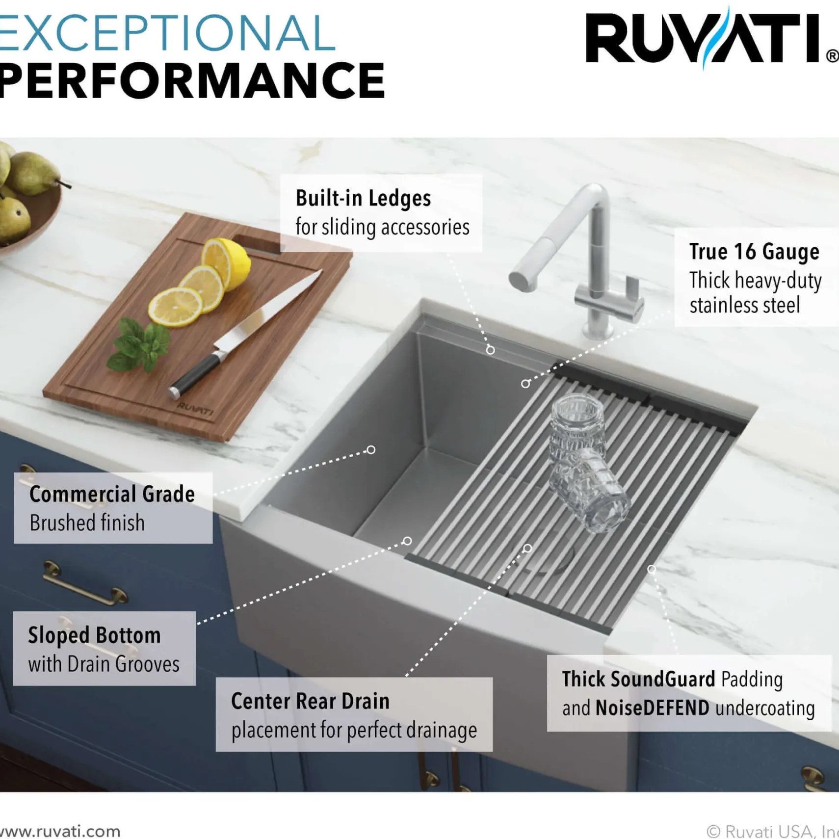 Ruvati Verona 24" Stainless Steel Workstation Apron-front Farmhouse Sink, 16 Gauge, RVH9020