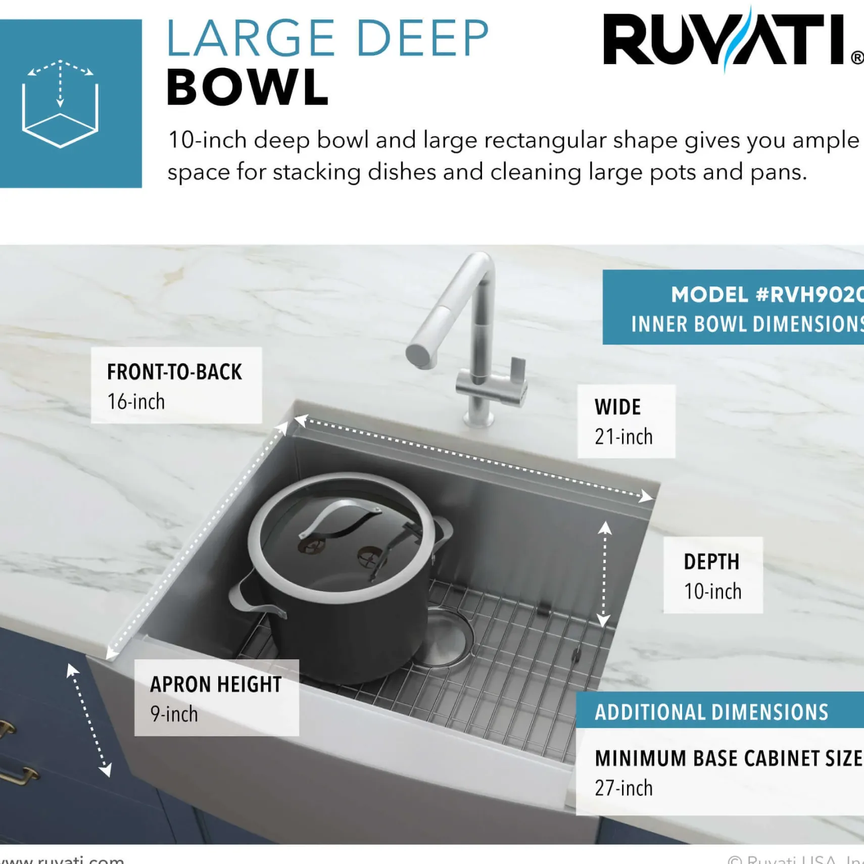 Ruvati Verona 24" Stainless Steel Workstation Apron-front Farmhouse Sink, 16 Gauge, RVH9020