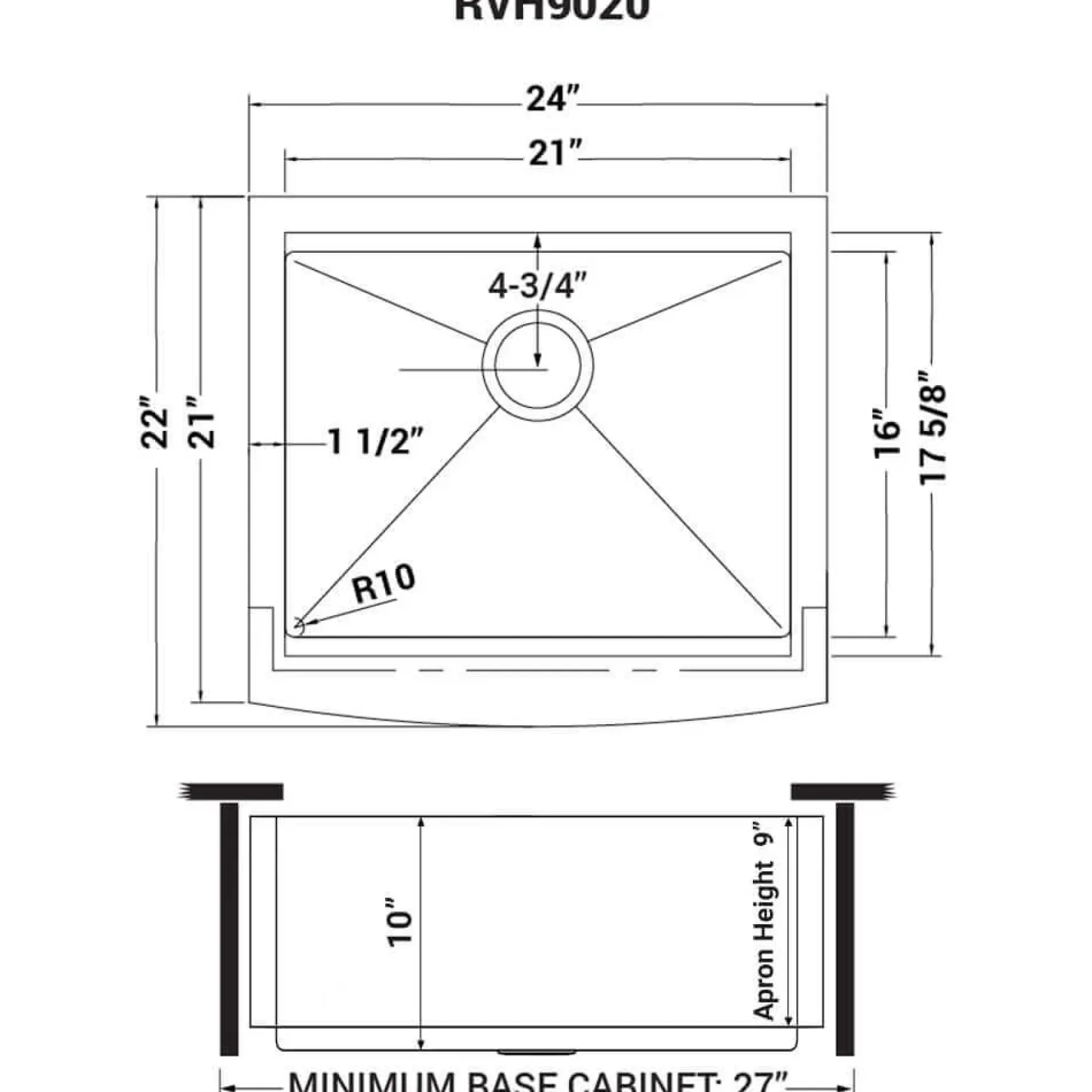Ruvati Verona 24" Stainless Steel Workstation Apron-front Farmhouse Sink, 16 Gauge, RVH9020