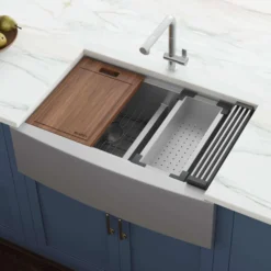 Ruvati Verona 36" Stainless Steel Workstation Apron-front Farmhouse Sink, 50/50 Low Divide Double Bowl, 16 Gauge, RVH9301