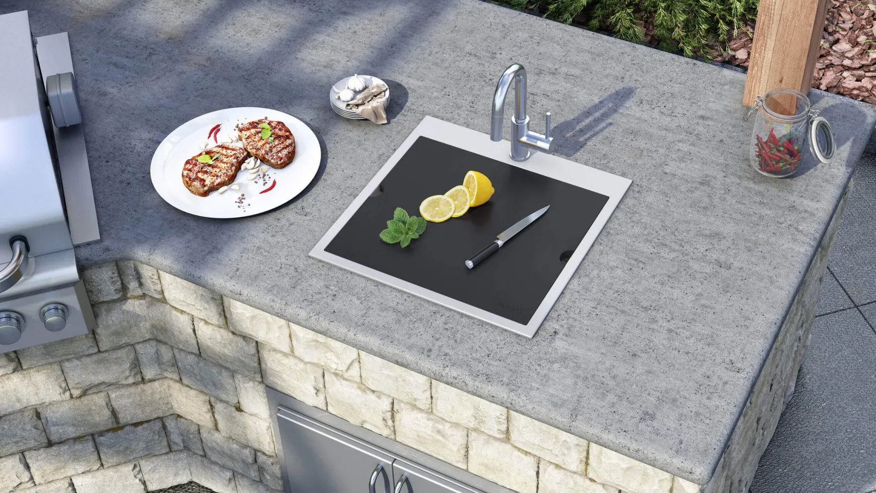 Ruvati 21 x 20 inch Outdoor Workstation Sink T-316 Marine Grade Topmount Stainless Steel BBQ, RVQ5221