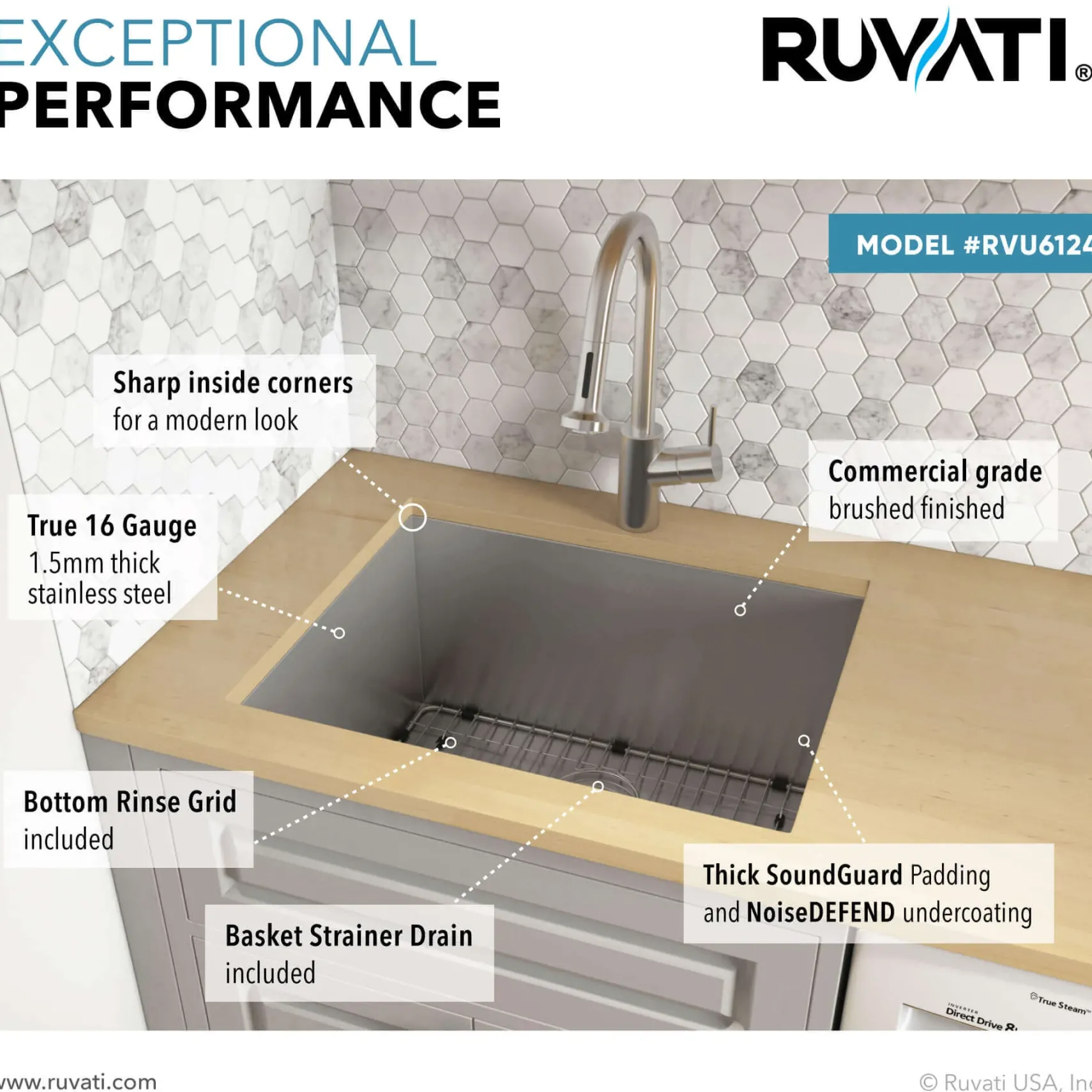 Ruvati 24" x 18" x 13" Deep Laundry Utility Sink Undermount 16 Gauge Stainless Steel, RVU6124