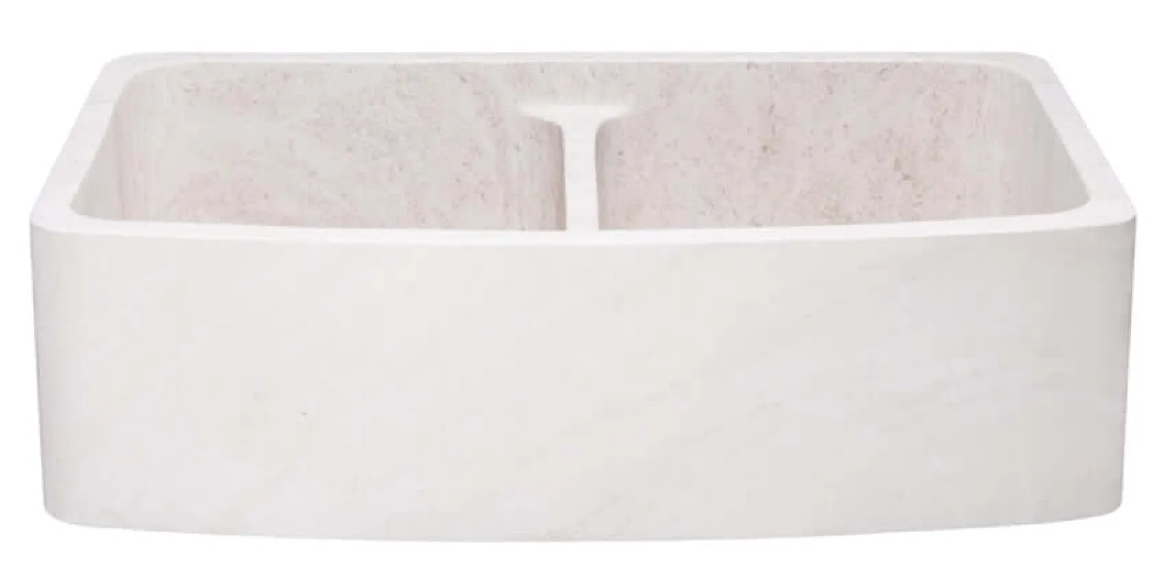 36" Stone 50/50 Double Bowl Farmhouse Kitchen Sink, Curved Reversible Apron Front, Crema Lyon Limestone, Beige, KFCF362210DB-NLP-5050-CL